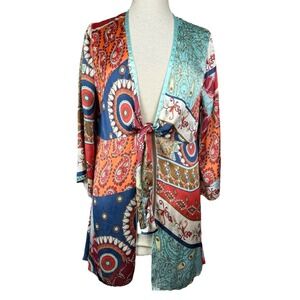 Cabi Paisley Patchwork Tie Front Satin Kimono Cardigan Large 914 Multicolor Boho